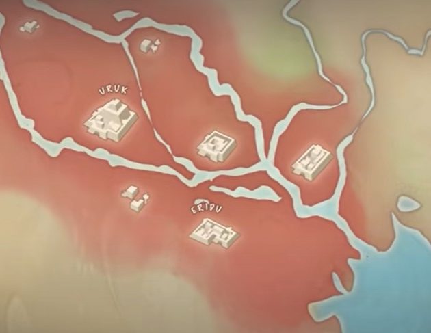 Mapa da Suméria com Uruk e Eridu em destaque